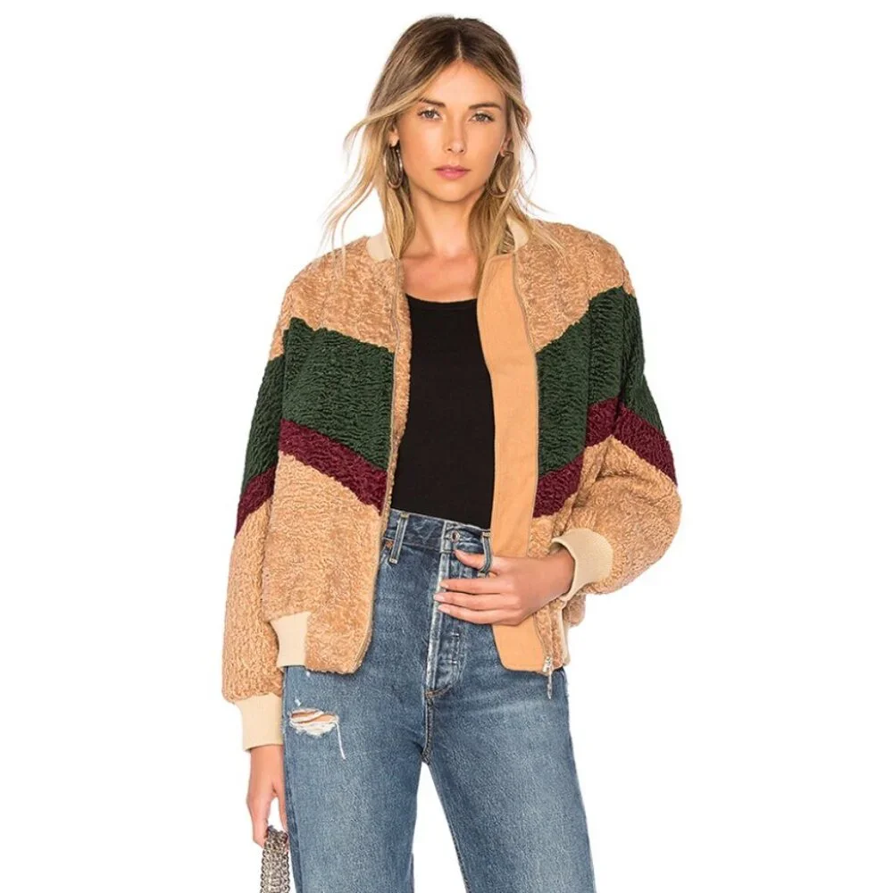 REVOLVE X J.O.A. Colorblock Teddy Faux Fur Jacket In Beige‎ & Forest SZ Small - Picture 2 of 11
